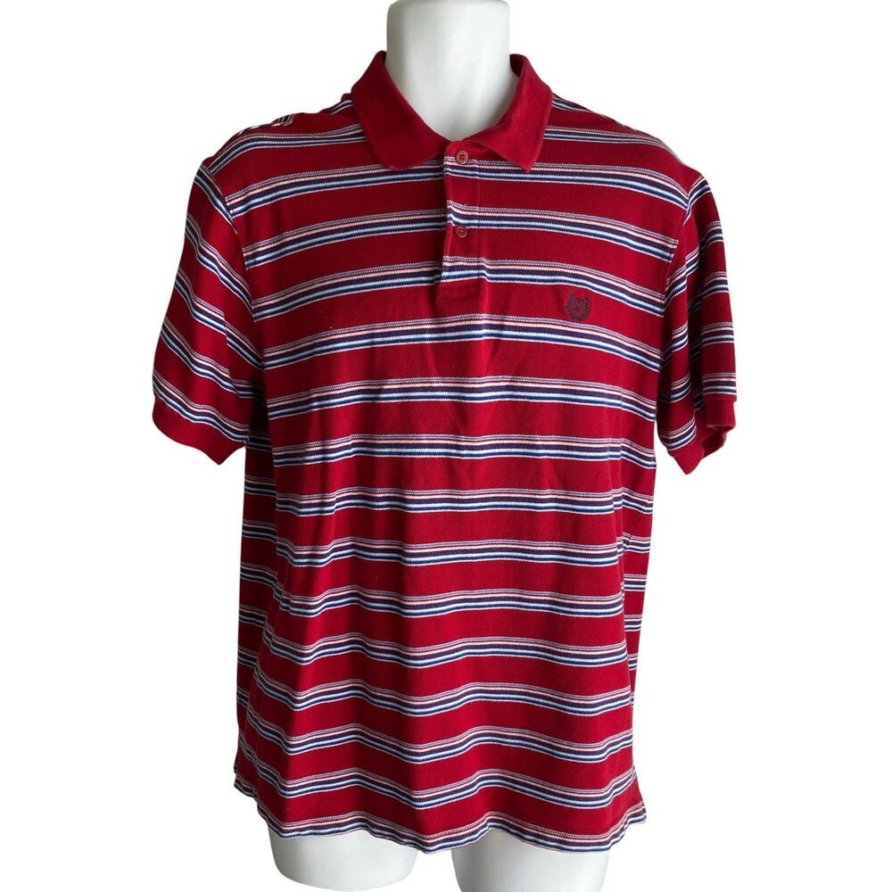 Chaps Polo Shirt Mens Large Red Blue Stripe 100% Cotton Short Sleeve Logo